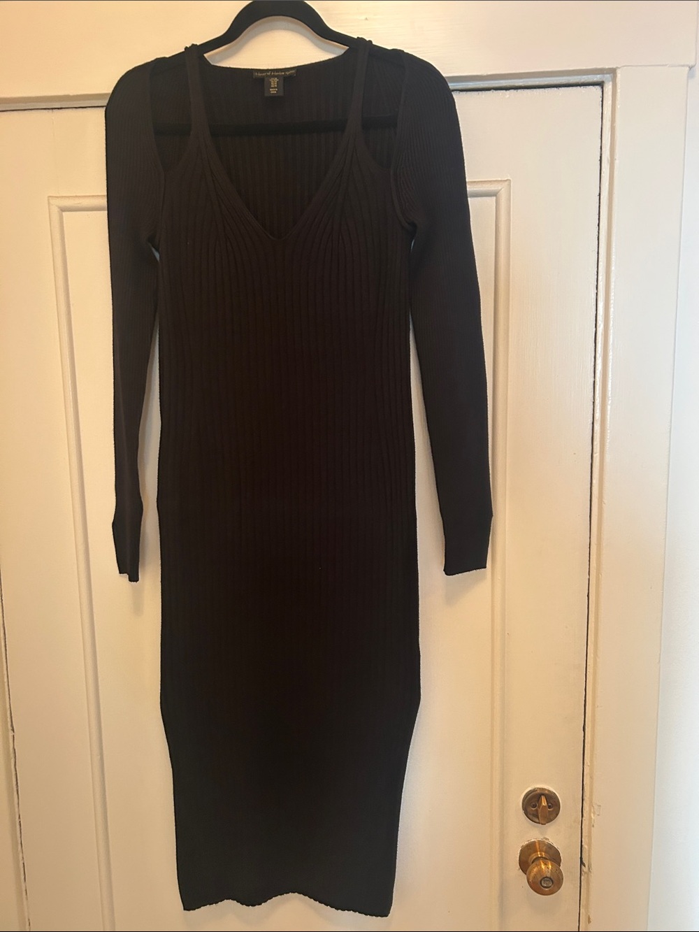 House of Harlow 1960 Black Ribbed Cutout Long-Sleeve Midi Dress